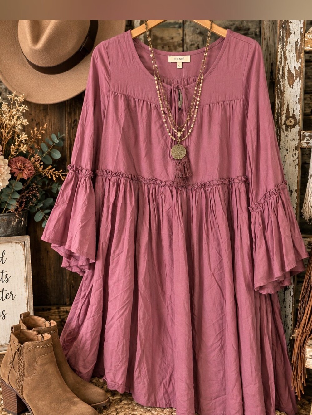 Easel Dusty Rose Boho Ruffle Bell Sleeve Dress L Rayon, NWT